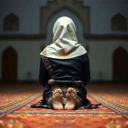 A Muslim woman in prayer, wearing a beautifully decorated hijab and traditional attire, depicted in the prostration position (sujud) during a quiet moment of worship