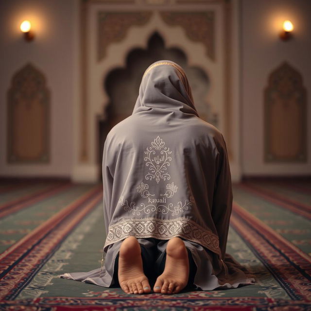 A Muslim woman in prayer, wearing a beautifully decorated hijab and traditional attire, depicted in the prostration position (sujud) during a quiet moment of worship