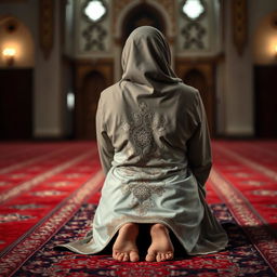 A Muslim woman in prayer, wearing a beautifully decorated hijab and traditional attire, depicted in the prostration position (sujud) during a quiet moment of worship