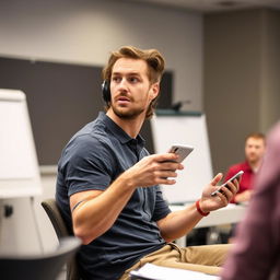 A man sitting on a chair in a room, engaged in a question and answer session while working on his mobile phone, captured from a side profile angle