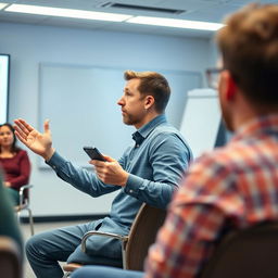 A man sitting on a chair in a room, engaged in a question and answer session while working on his mobile phone, captured from a side profile angle
