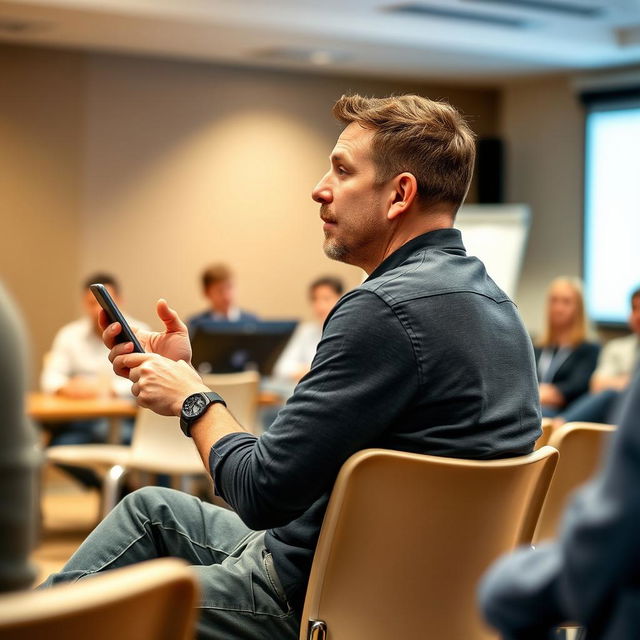 A man sitting on a chair in a room, engaged in a question and answer session while working on his mobile phone, captured from a side profile angle