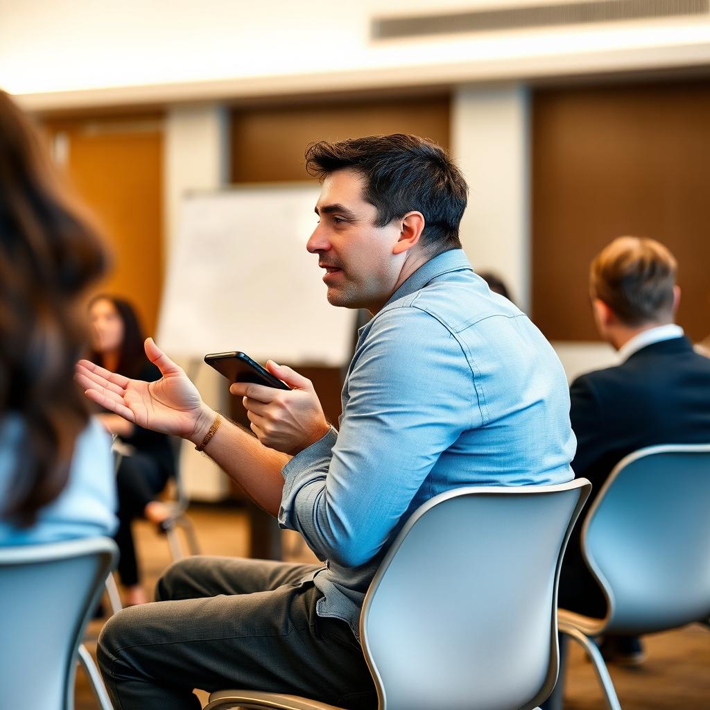 A man sitting on a chair in a room, engaged in a question and answer session while working on his mobile phone, captured from a side profile angle