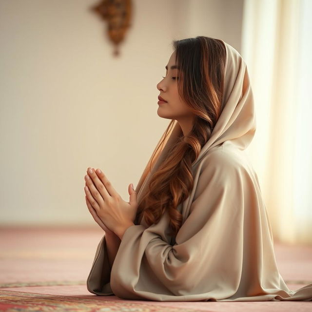 A beautiful woman in a prayer position, engaged in the act of prostration (sajda) during her prayer, showcasing a serene expression