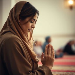 A beautiful woman in a prayer position, engaged in the act of prostration (sajda) during her prayer, showcasing a serene expression