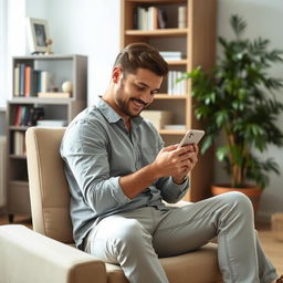 A man sitting on a chair in a room, focused on working with his mobile phone, captured from a side profile angle