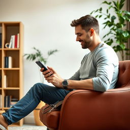 A man sitting on a chair in a room, focused on working with his mobile phone, captured from a side profile angle