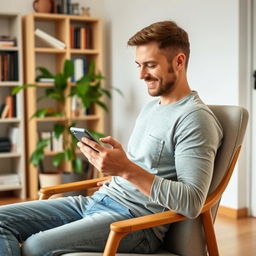 A man sitting on a chair in a room, focused on working with his mobile phone, captured from a side profile angle