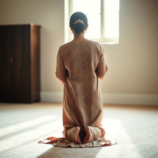 A woman in a traditional prayer position (Sajdah) in a serene and peaceful indoor environment, showcasing her devotion and focus