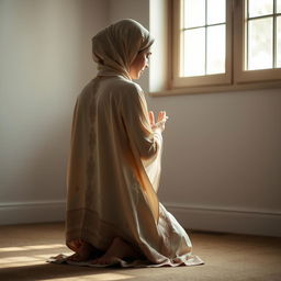 A woman in a traditional prayer position (Sajdah) in a serene and peaceful indoor environment, showcasing her devotion and focus