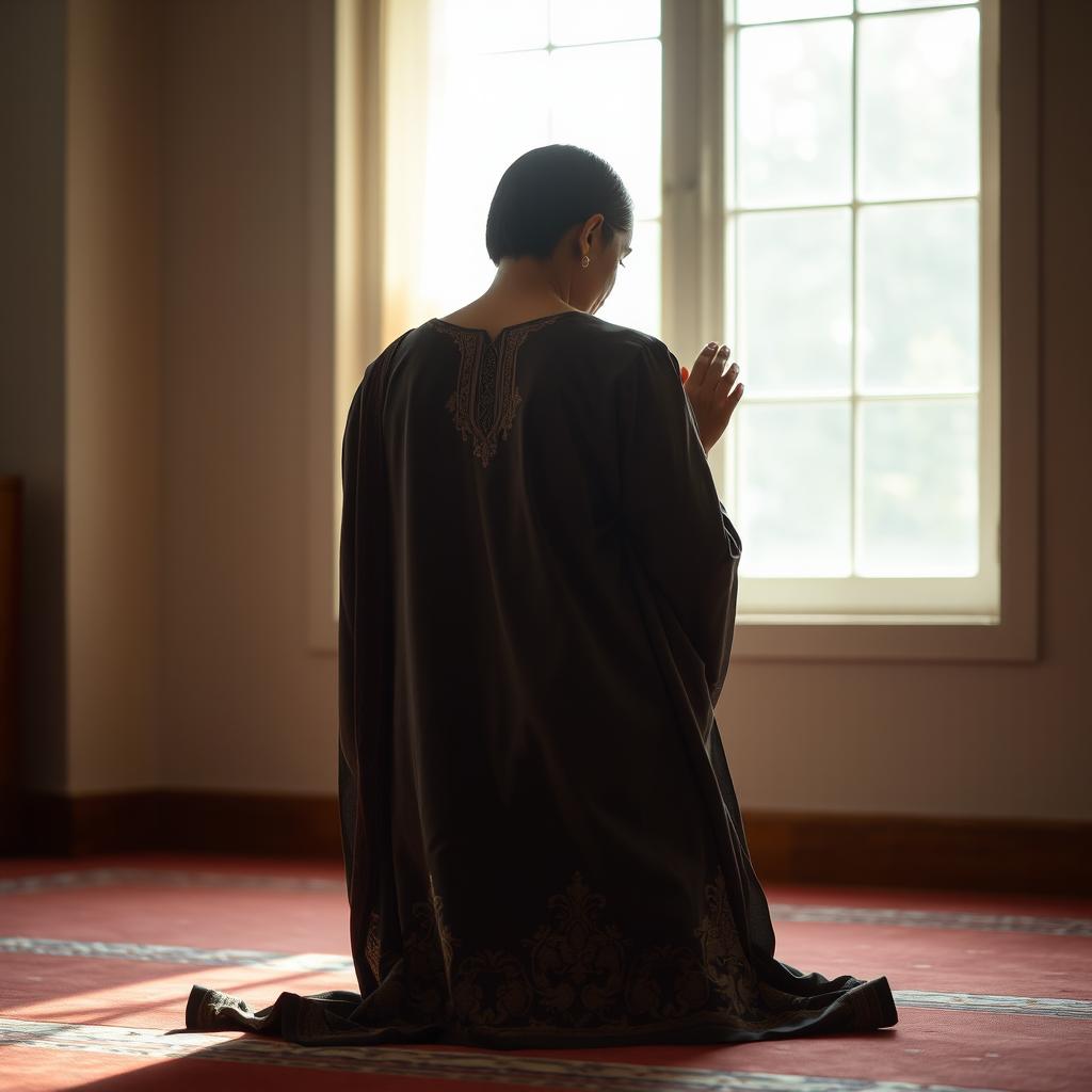 A woman in a traditional prayer position (Sajdah) in a serene and peaceful indoor environment, showcasing her devotion and focus