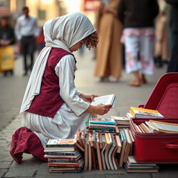 A young Iranian girl selling books on a busy street, kneeling down as she arranges her books on the ground