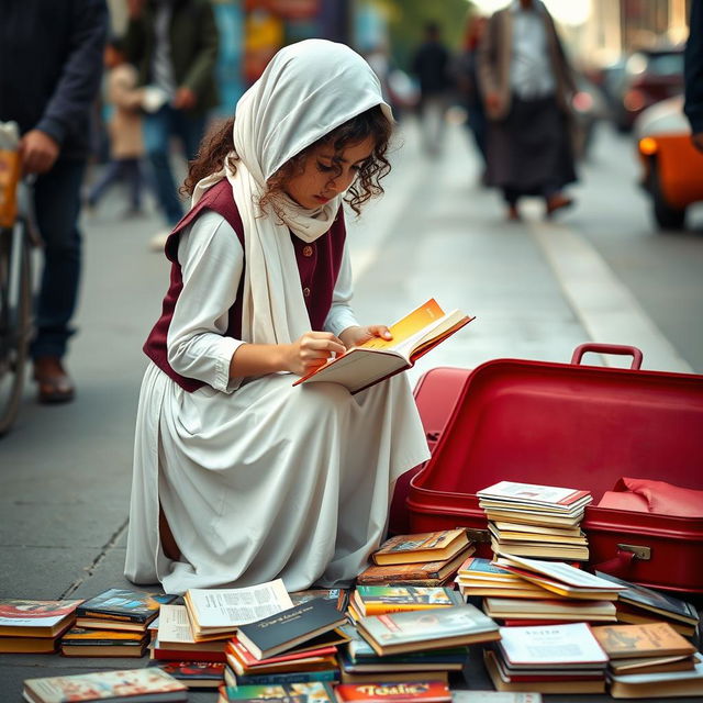 A young Iranian girl selling books on a busy street, kneeling down as she arranges her books on the ground