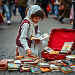 A young Iranian girl selling books on a busy street, kneeling down as she arranges her books on the ground
