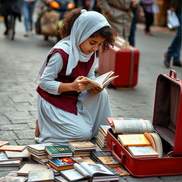 A young Iranian girl selling books on a busy street, kneeling down as she arranges her books on the ground