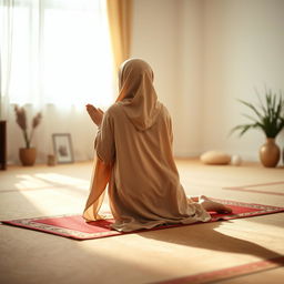 A woman in the midst of prayer, performing a prostration (sajdah) posture in a beautiful and serene setting