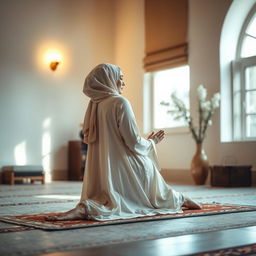 A woman in the midst of prayer, performing a prostration (sajdah) posture in a beautiful and serene setting