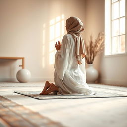 A woman in the midst of prayer, performing a prostration (sajdah) posture in a beautiful and serene setting