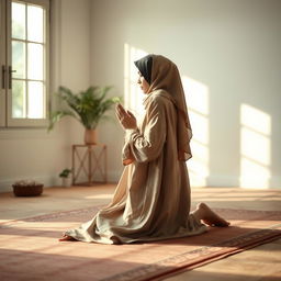 A woman in the midst of prayer, performing a prostration (sajdah) posture in a beautiful and serene setting
