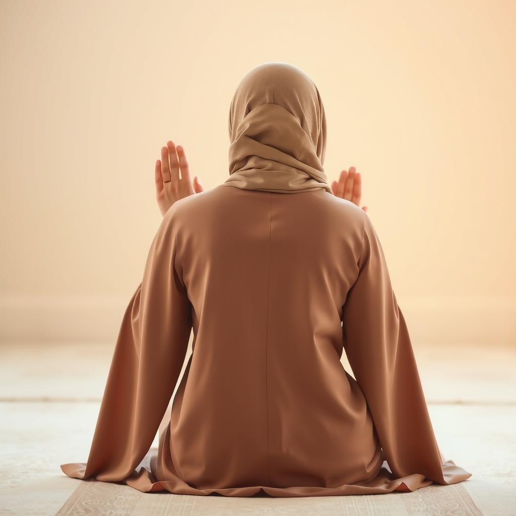 A woman in a prayer position, performing a sajdah (prostration) in a serene setting