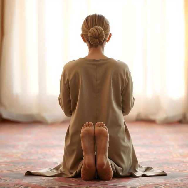 A woman in a prayer position, performing a sajdah (prostration) in a serene setting