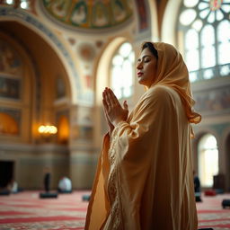 A woman in a prayer position, deeply engaged in her prayer, with her feet slightly raised and visible behind her