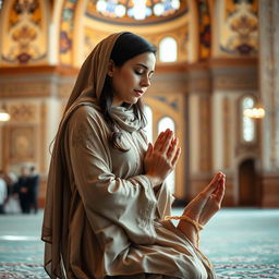 A woman in a prayer position, deeply engaged in her prayer, with her feet slightly raised and visible behind her