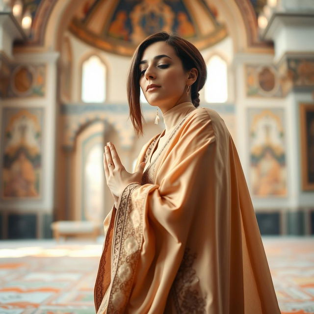 A woman in a prayer position, deeply engaged in her prayer, with her feet slightly raised and visible behind her