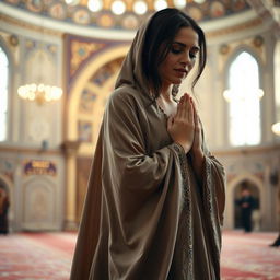 A woman in a prayer position, deeply engaged in her prayer, with her feet slightly raised and visible behind her