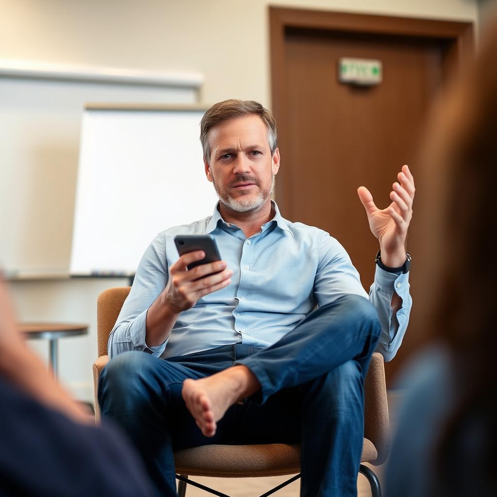 A man sitting on a chair in a room, actively engaged in a question and answer session while working on his mobile phone