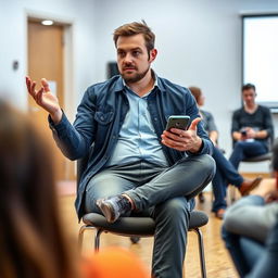 A man sitting on a chair in a room, actively engaged in a question and answer session while working on his mobile phone