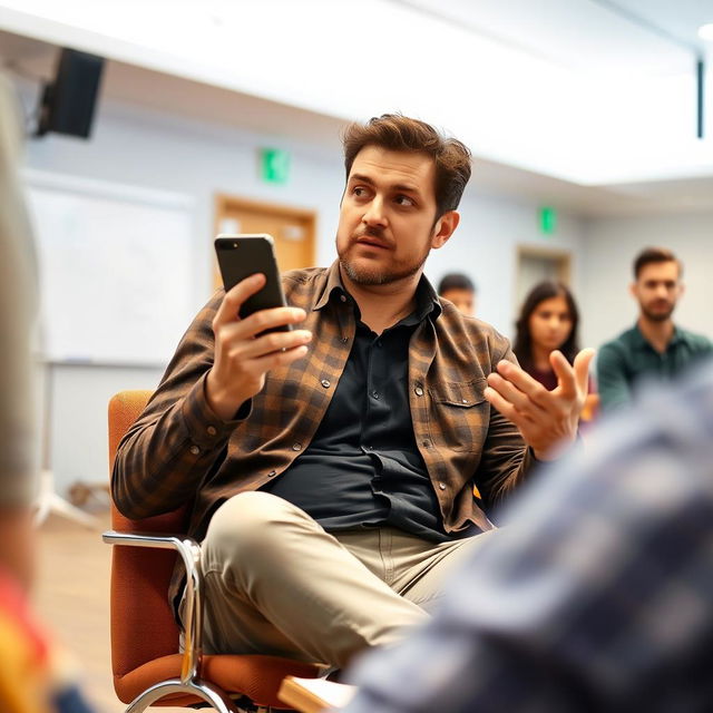 A man sitting on a chair in a room, actively engaged in a question and answer session while working on his mobile phone