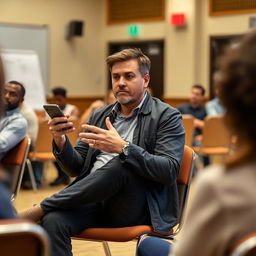 A man sitting on a chair in a room, actively engaged in a question and answer session while working on his mobile phone