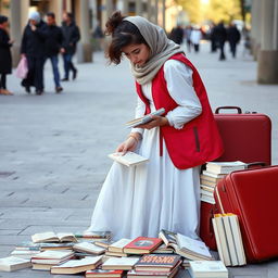 A young Iranian street vendor in a pedestrian area, with a small curly lock of hair falling over her face, is busy arranging books on the ground
