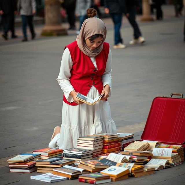 A young Iranian street vendor in a pedestrian area, with a small curly lock of hair falling over her face, is busy arranging books on the ground