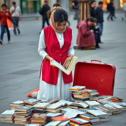 A young Iranian street vendor in a pedestrian area, with a small curly lock of hair falling over her face, is busy arranging books on the ground