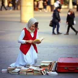 A young Iranian street vendor in a pedestrian area, with a small curly lock of hair falling over her face, is busy arranging books on the ground