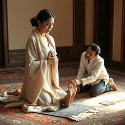 A serene and intimate scene featuring a woman in a traditional prayer stance (sajda) on a prayer rug, embodying tranquility and devotion