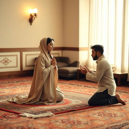 A serene and intimate scene featuring a woman in a traditional prayer stance (sajda) on a prayer rug, embodying tranquility and devotion