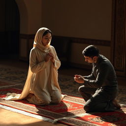 A serene and intimate scene featuring a woman in a traditional prayer stance (sajda) on a prayer rug, embodying tranquility and devotion
