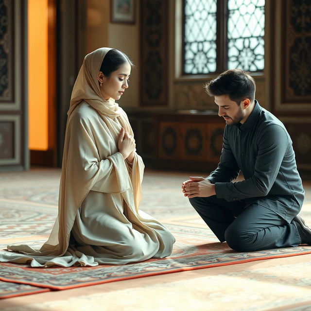 A serene and intimate scene featuring a woman in a traditional prayer stance (sajda) on a prayer rug, embodying tranquility and devotion