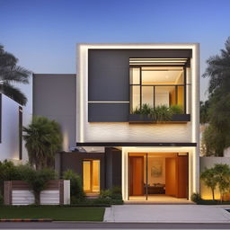 A two-story, minimalist designed house occupying a 40/60 area filled with five bedrooms, three of which are expansive master bedrooms with walk-in-wardrobes, modern bathrooms, a utility space, a sleek kitchen, an office area, each floor showcasing sit-out spaces, surrounded by a lovely garden.