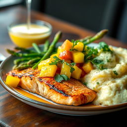 A delicious close-up photograph of a beautifully plated gourmet meal, highlighting vibrant colors and textures