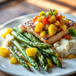 A delicious close-up photograph of a beautifully plated gourmet meal, highlighting vibrant colors and textures