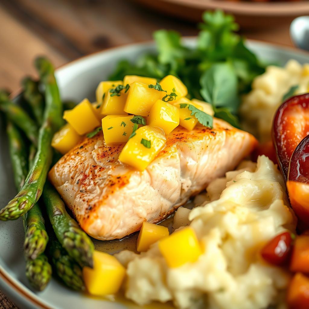 A delicious close-up photograph of a beautifully plated gourmet meal, highlighting vibrant colors and textures