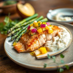 A delicious close-up photograph of a beautifully plated gourmet meal, highlighting vibrant colors and textures