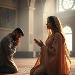 A serene scene depicting a woman in a prayer position, deeply focused on her spiritual practice, wearing a flowing, elegant traditional dress, beautifully adorned with intricate patterns
