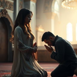 A serene scene depicting a woman in a prayer position, deeply focused on her spiritual practice, wearing a flowing, elegant traditional dress, beautifully adorned with intricate patterns