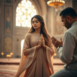 A serene scene depicting a woman in a prayer position, deeply focused on her spiritual practice, wearing a flowing, elegant traditional dress, beautifully adorned with intricate patterns