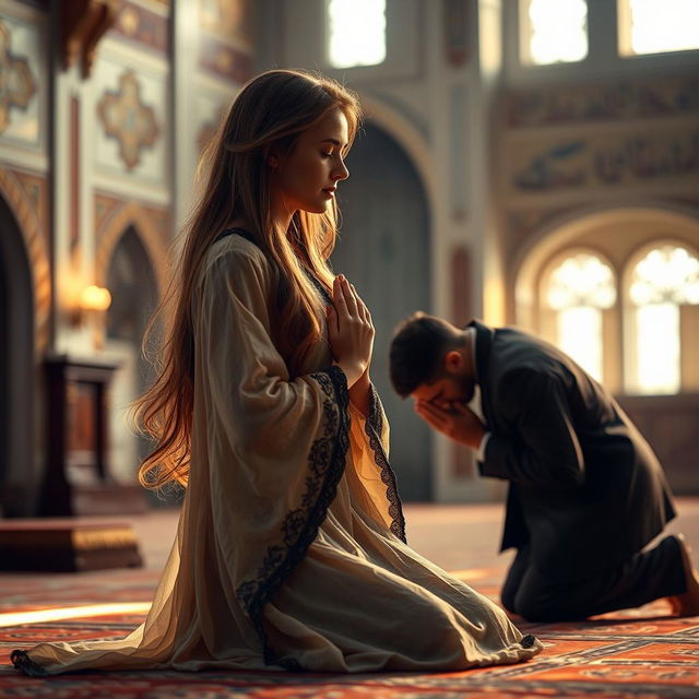 A serene scene depicting a woman in a prayer position, deeply focused on her spiritual practice, wearing a flowing, elegant traditional dress, beautifully adorned with intricate patterns